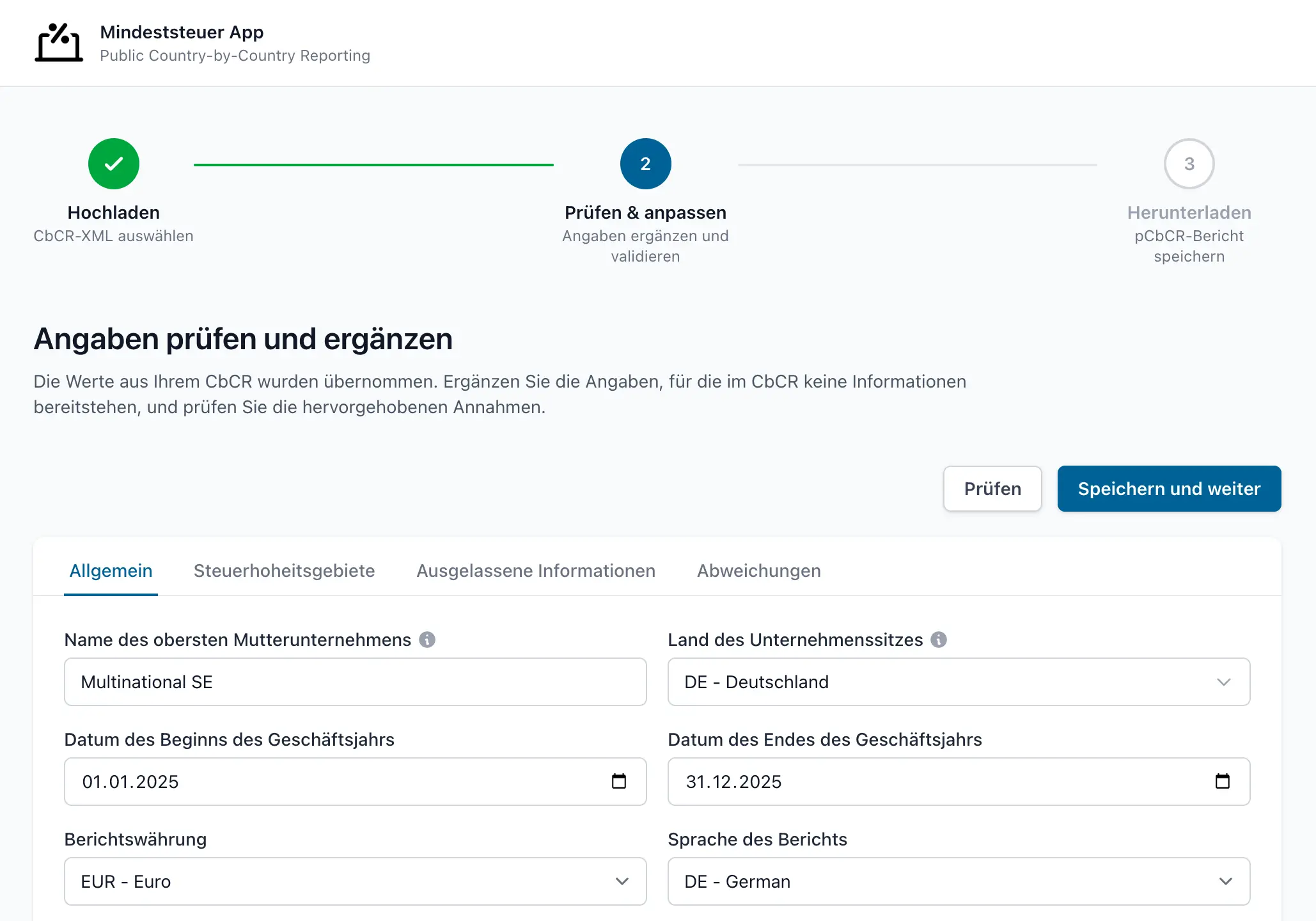 Prüfen: Angaben in der Mindeststeuer App